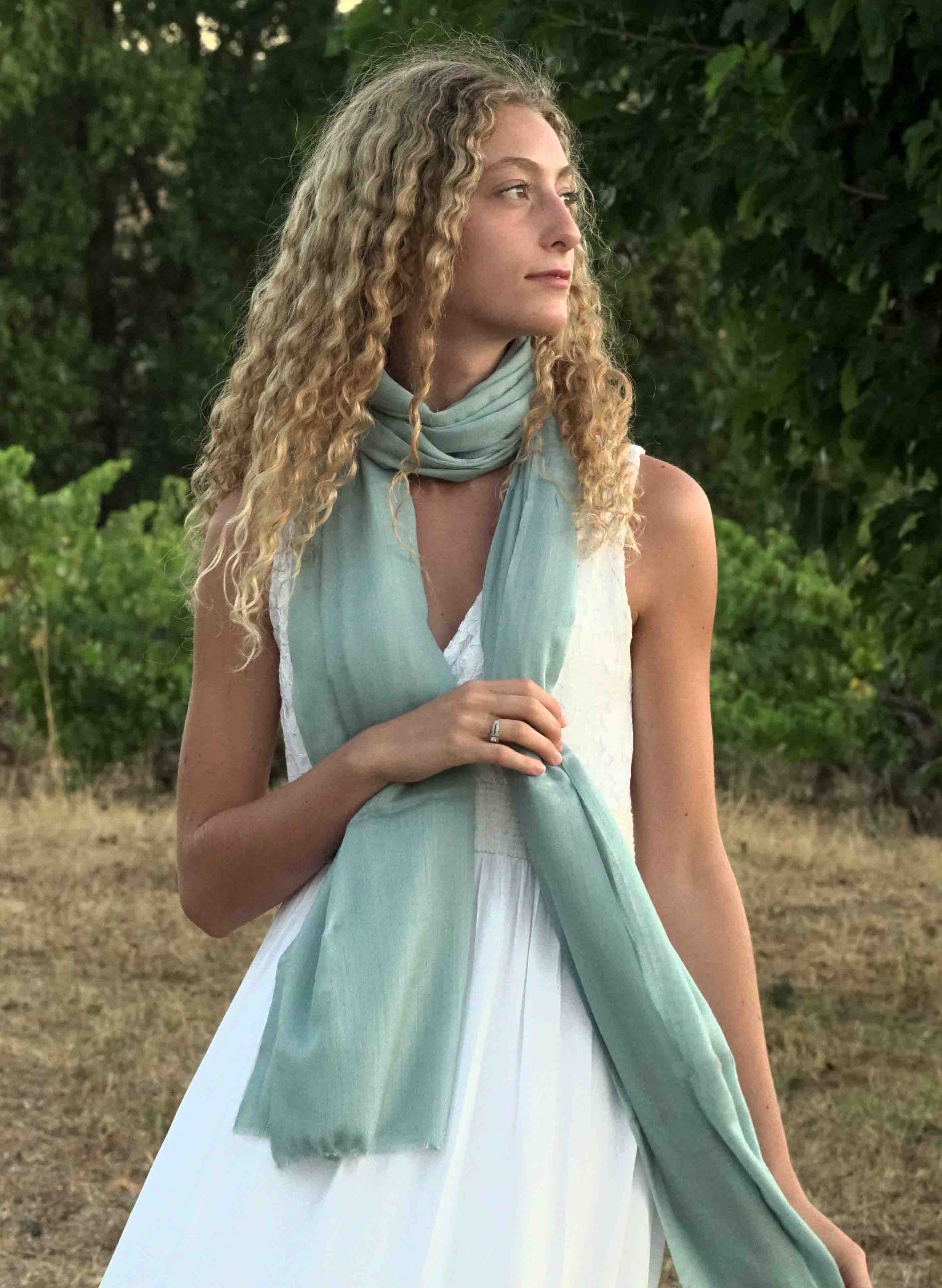 Pashmina 100% cachemire tissage oeil d'oiseau - Bleu vert d'eau