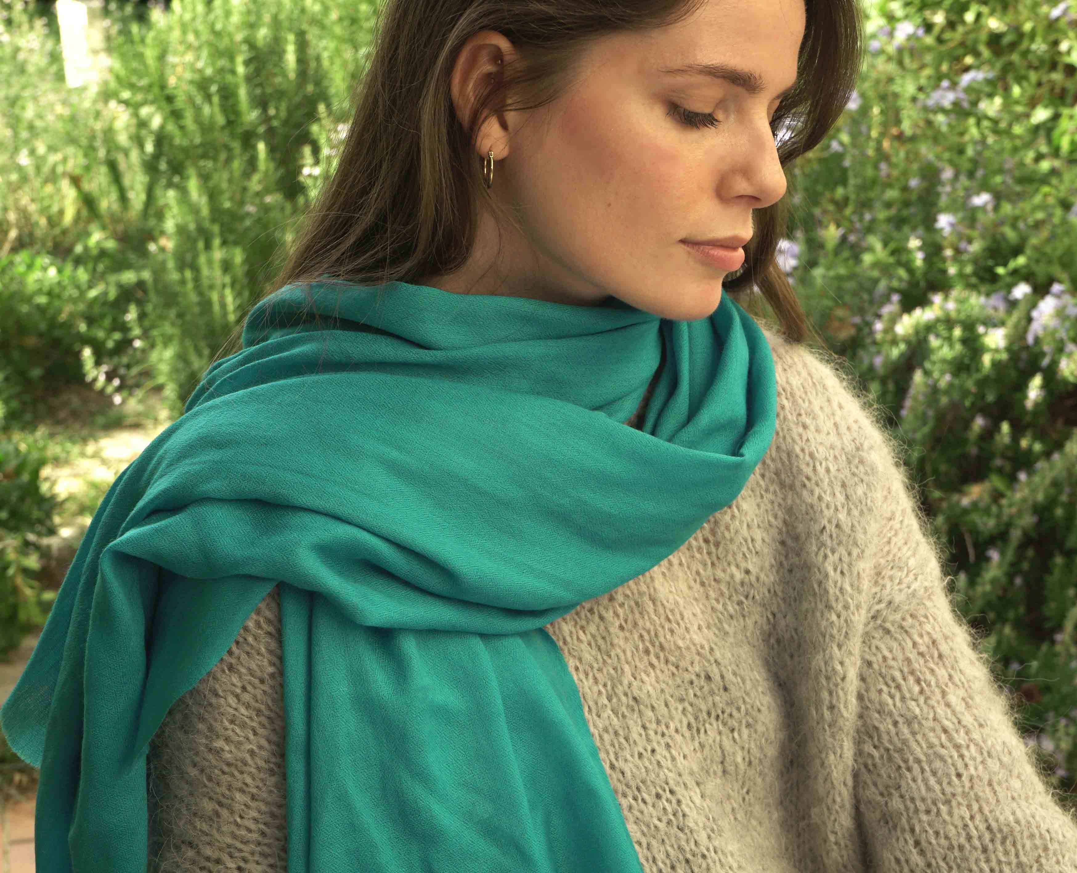 Pashmina 100% cachemire tissage oeil d'oiseau - Turquoise